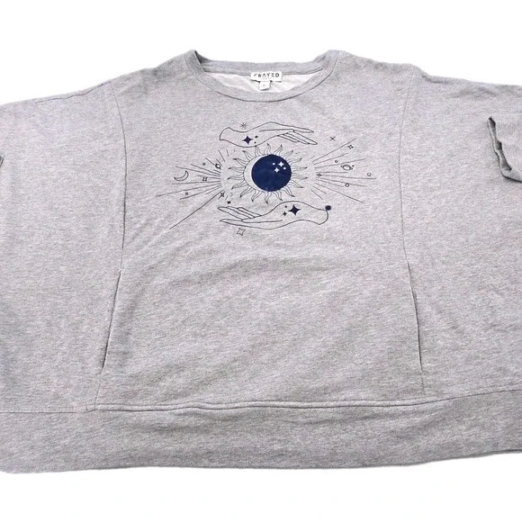 Frayed Jeans l XL Cleo Celestial Sun Moon Drop Shoulder Dolman Pocket Sweatshirt - Picture 3 of 11